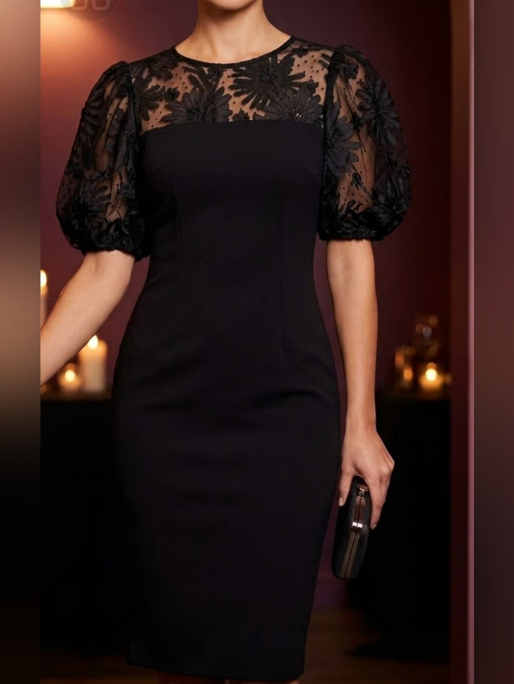 Black Midi Dress with Floral Sheer Yoke and Puff Sleeves Strechy Dress